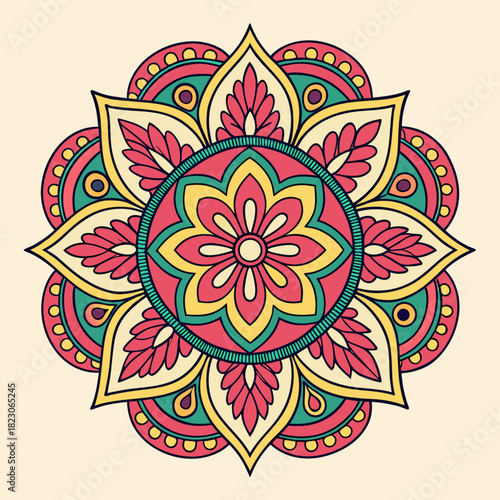 Intricate circular mandala design with vibrant pink yellow and teal colors on a cream background symbolizing harmony and spirituality