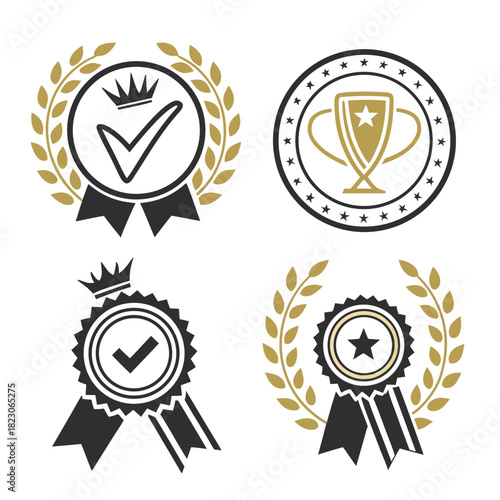 Set of four elegant award badges and emblems featuring golden laurel wreaths crowns checkmarks stars and trophies symbolizing achievement quality and recognition
