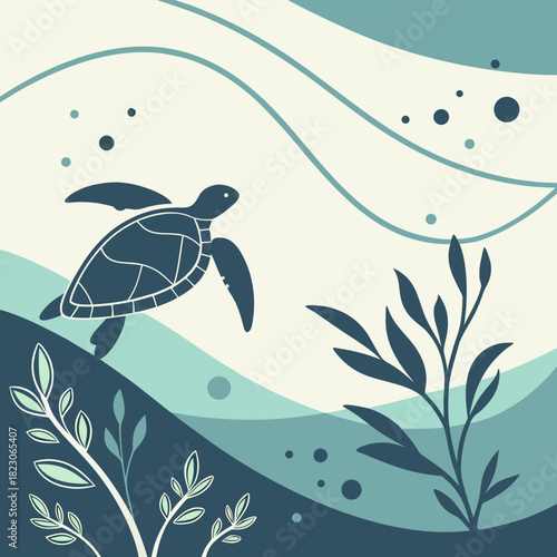 Stylized illustration of a dark blue sea turtle swimming gracefully through calm ocean waters amidst abstract wavy lines and aquatic plants