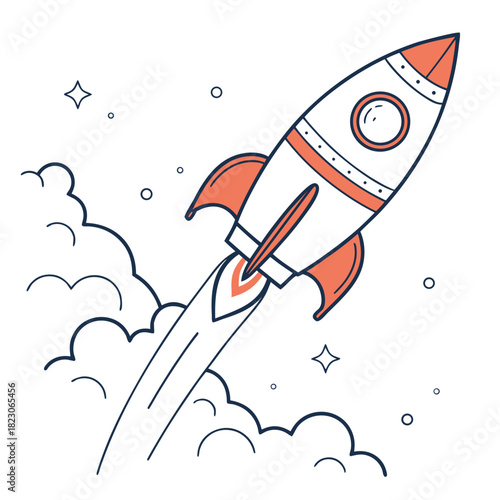 A stylized cartoon rocket ship blasts off into a white sky with stylized clouds stars and circles representing space