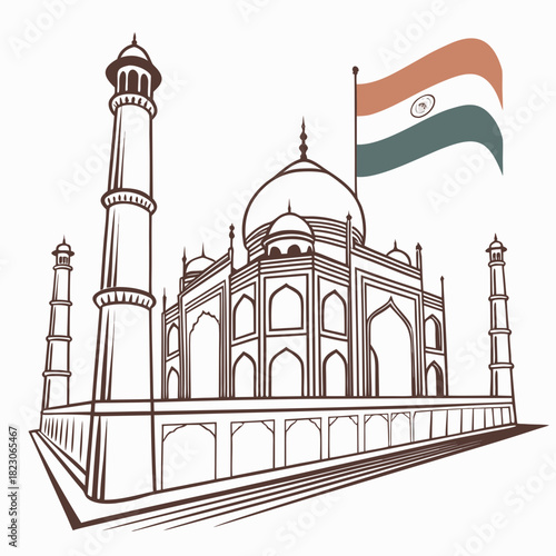 Iconic taj mahal monument in agra india depicted in a stylized line art drawing with the indian flag waving proudly above the majestic structure