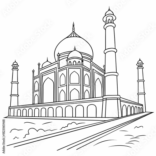 A striking black and white line drawing of the iconic taj mahal monument in agra india showcasing its grand architecture and symmetrical design