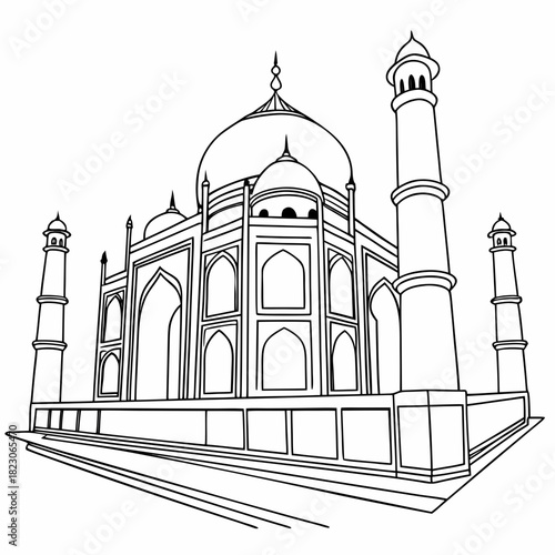 A simple black and white line art illustration of the iconic taj mahal monument with its majestic dome and minarets against a clean white background