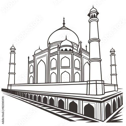 Iconic taj mahal monument in agra india depicted in a striking black and white line art illustration with a perspective view
