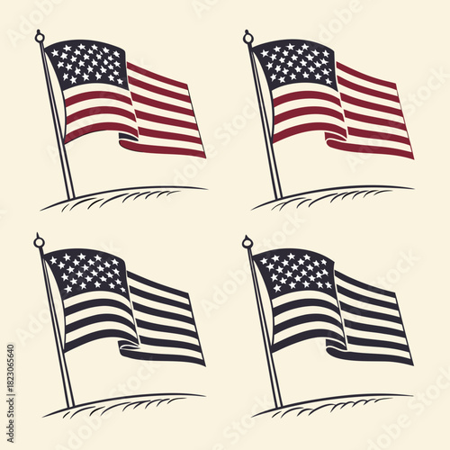 Four stylized illustrations of the american flag waving majestically on flagpoles against a neutral background representing patriotism and national pride