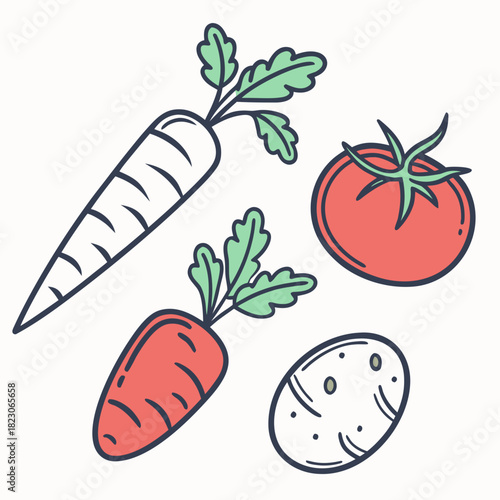 A charming collection of hand drawn vegetables including a vibrant red tomato two fresh carrots with green tops and a simple potato all set against a clean white background