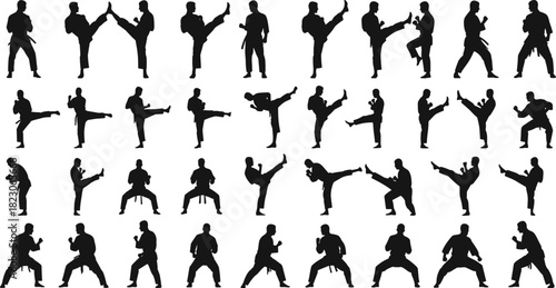 Martial arts silhouette collection, dynamic karate and kickboxing action poses, powerful training movements for combat sport, fitness illustration, self-defense design