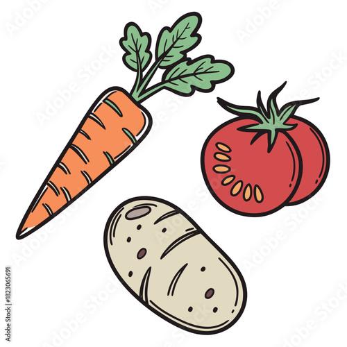 A simple hand drawn illustration featuring a vibrant orange carrot with green leafy tops a ripe red tomato and a light brown potato all isolated on a white background