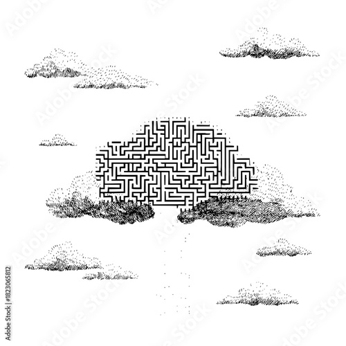 A brain shaped maze surrounded by clouds isolated on represents the complexity of the human mind
