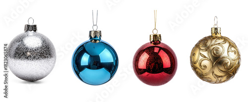 Four colorful Christmas ornaments hanging on a white background.