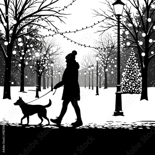 Monochrome silhouette of a person walking a dog on a leash.