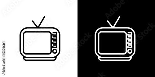 Retro television icon for graphic design, black and white with antenna and screen channels