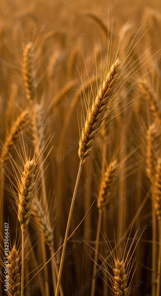 Fototapeta premium Close-up view of mature golden wheat stalks swaying gently in the summer breeze, signifying agriculture, food production, and abundance ,wheaten ,nature ,abundance