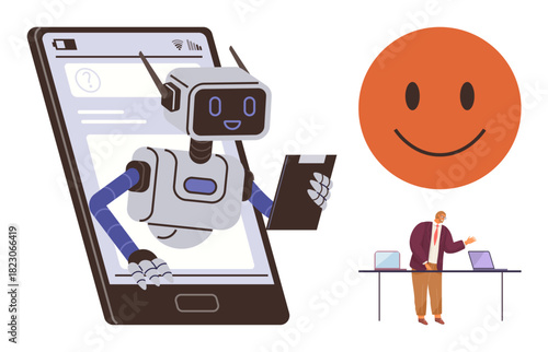 Robot emerging from smartphone holding device, large smiling icon, presenter gesturing near laptops. Ideal for AI, technology, innovation, presentation, education communication positivity. Simple