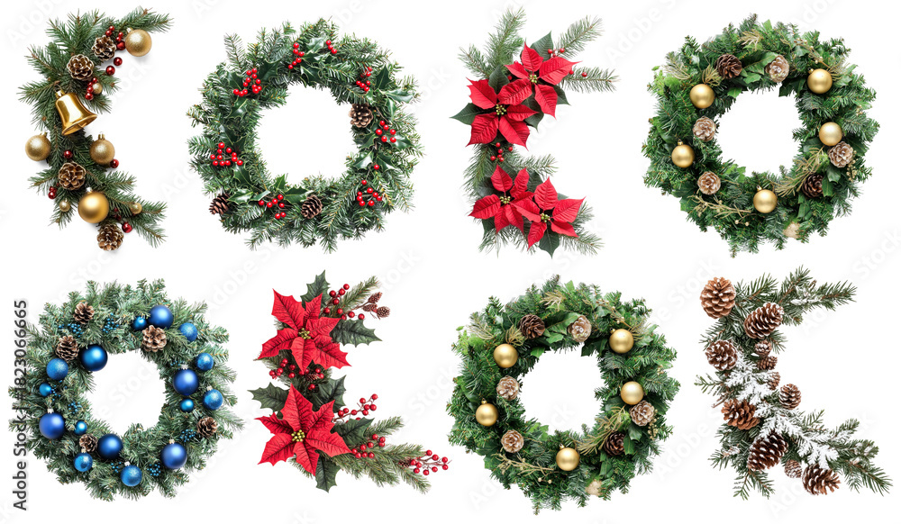 Obraz premium Collection of Christmas wreaths with red berries, gold ornaments, and pine cones on a white background.