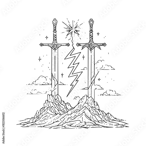 Two Swords Stuck in Mountain with Lightning and Stars