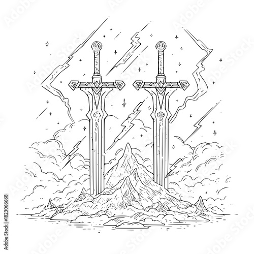 Two Swords Stuck in Mountain with Lightning Bolts and Stars