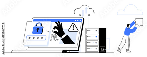 Cybersecurity concept. Cybersecurity with focus on secure access, passwords, and cloud storage. Cybersecurity for safeguarding sensitive data files and preventing online breaches. For tech, business
