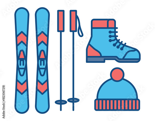 Ski Equipment Vector – Skis, Poles, Boots, and Hat Illustration, Winter Mountain Adventure Gear, Snow Sports Essentials, Alpine Skiing Equipment, Flat Vector Winter Recreation