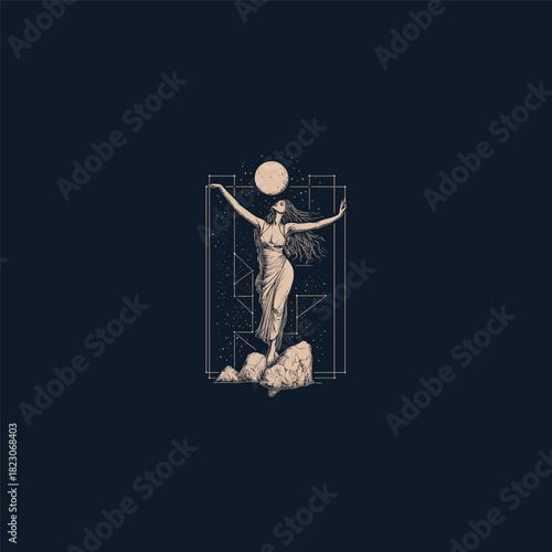 Dark and romantic vintage sketch illustration of a woman dancing freely on top of mountains or rocks, under the crescent moon and stars