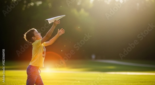Fototapeta Naklejka Na Ścianę i Meble -  A young child playing with a paper airplane in a park at sunset.