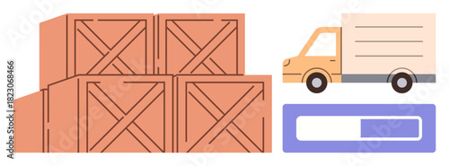 Stacked crates beside delivery truck and progress bar suggesting shipment tracking. Ideal for logistics, shipping, warehouse management, delivery service, supply chain, cargo transport, inventory
