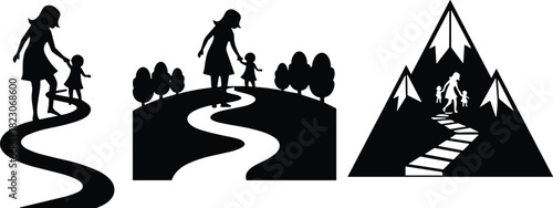 Emotional silhouette illustration set, woman and child walking, forest path, mountain journey, perfect for symbolic clipart, vector art, nurturing theme, life story icon pack