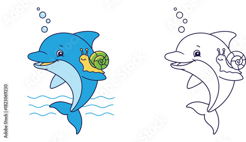 Cute Cartoon Dolphin Swimming with Snail Friend on Back. Happy Marine Animals Playing Together in Ocean with Bubbles for Kids Design Vector Illustration.