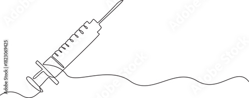 Medical syringe outline drawing illustration. one continuous line drawing of syringe, one line drawing of Vaccine and syringe outline art.