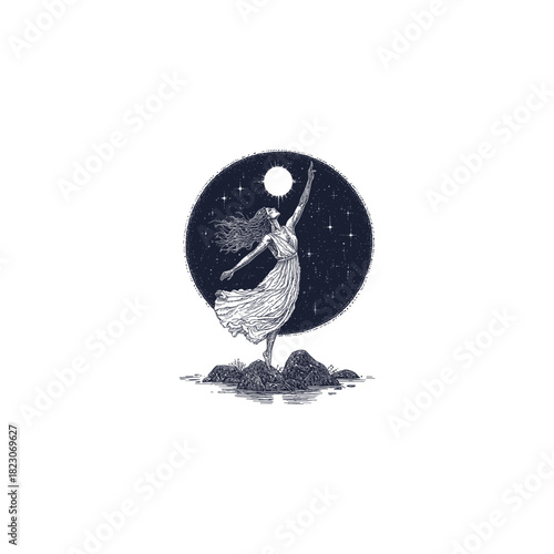 Goddess woman reaching for the moon and stars, standing on a hill or rocks, vintage vector illustration