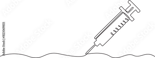 Medical syringe outline drawing illustration. one continuous line drawing of syringe, one line drawing of Vaccine and syringe outline art.