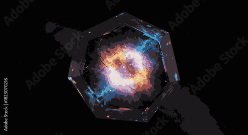 A mesmerizing hexagonal prism contains a swirling vortex of cosmic energy, radiating vibrant blue and orange light against a dark, mysterious background.