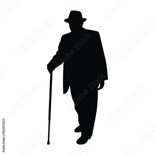 Elderly Man with Cane Silhouette - Senior Citizen, Mobility & Traditional Style