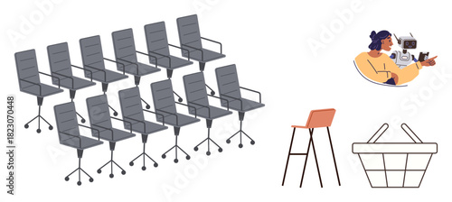 Rows of office chairs, a shopping basket, a stool, and a videographer shooting content with a camera. Ideal for business, shopping, content creation, workplace furniture media creativity. Simple