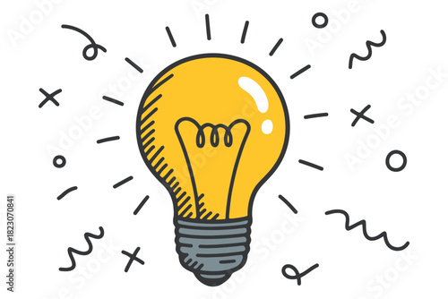 hand-drawn lightbulb vector illustration, doodle sketch icon representing creativity, innovation, inspiration, idea generation, brainstorming, design thinking, creative concept, concept development, a