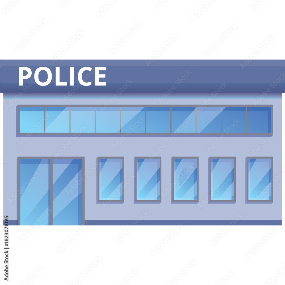 Fototapeta premium Modern police station building with blue glass windows and POLICE sign on a clear sky day symbolizing law enforcement and public safety services