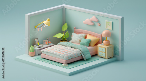 3d isometric low-poly clay bedroom bed