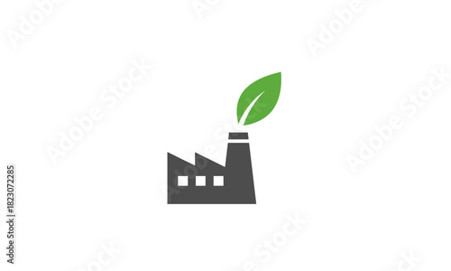 Eco-Friendly Industrial Plant Icon: Modern Factory with Green Leaf, Symbolic of Sustainable Energy, Environmental Awareness, and Corporate Responsibility