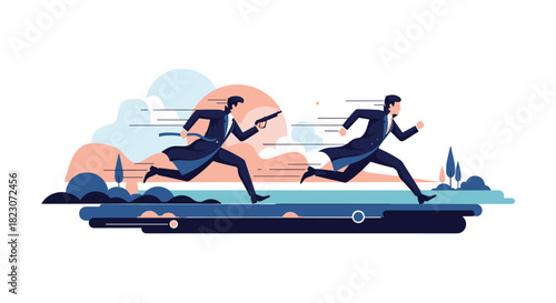 Two detectives in long coats running in a stylized landscape, with one holding a pistol in a classic spy movie chase scene.