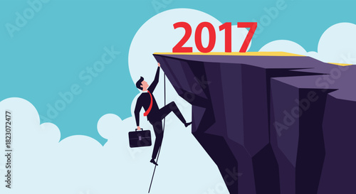 Businessman with a briefcase climbing a steep cliff to reach the goal of 2017, symbolizing overcoming business challenges and striving for success.