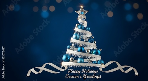 Modern christmas tree with blue baubles, silver ribbon, festive