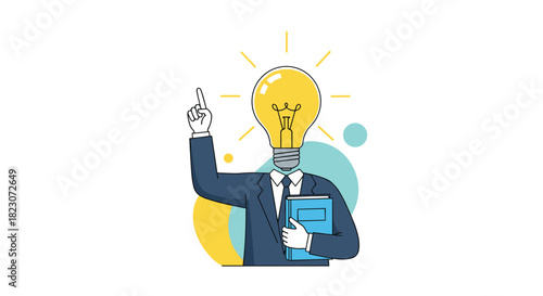 Creative businessman with a glowing light bulb for a head holding a book, representing a great idea, innovation, and knowledge.