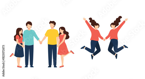Set of illustrations showing happy young couples in love, holding hands while standing and jumping with joy on a white background.