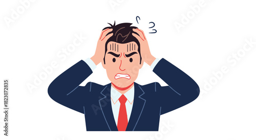 Stressed and angry businessman in a suit clutching his hair in frustration, showing signs of burnout, headache, or extreme anxiety.