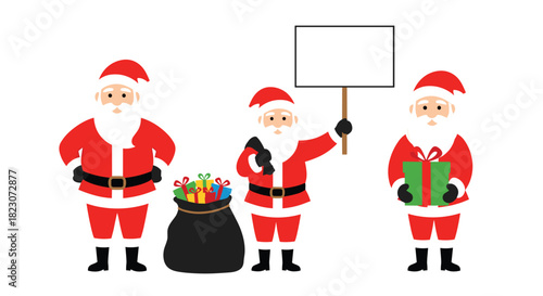 Set of three Santa Claus cartoon characters in different poses, one with a gift sack, one holding a blank sign, and one presenting a gift.