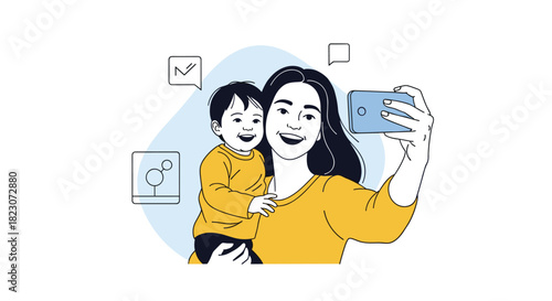 Happy young mother holding her smiling baby and taking a selfie together with a smartphone, capturing a precious family moment.