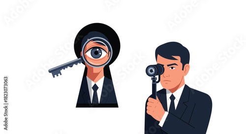 Private detective and spy investigation concept with a man looking through binoculars and an eye peeking through a keyhole.
