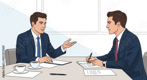 Two businessmen in suits having a professional meeting or job interview at a desk, with one man talking and the other writing notes.