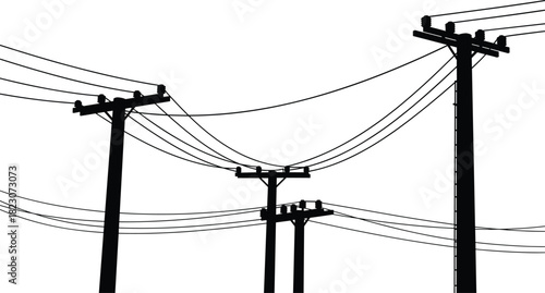 Black and white electric utility pole silhouette with high voltage power lines vector illustration isolated on white background energy transmission infrastructure industry
