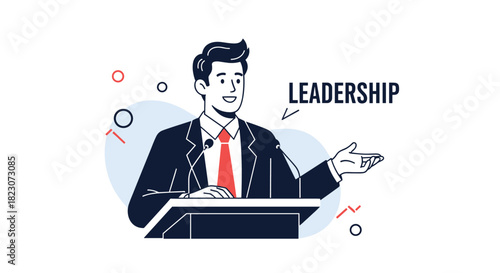 Confident man in a suit standing at a podium and giving a speech about leadership during a conference or business seminar.